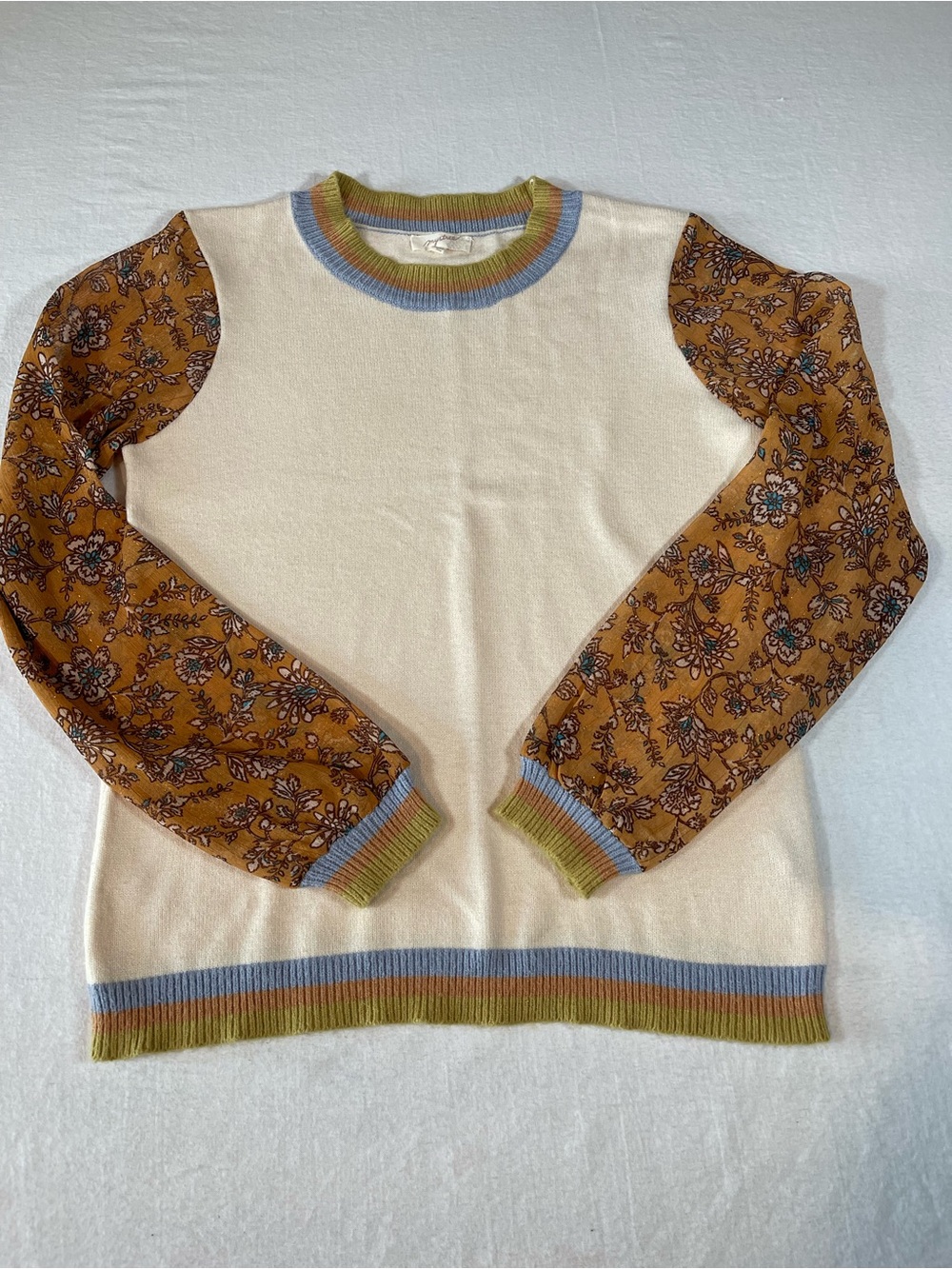 Mystree Soft Cream Crewneck Sweater with Mustard Floral Sheer Sleeves Womens M